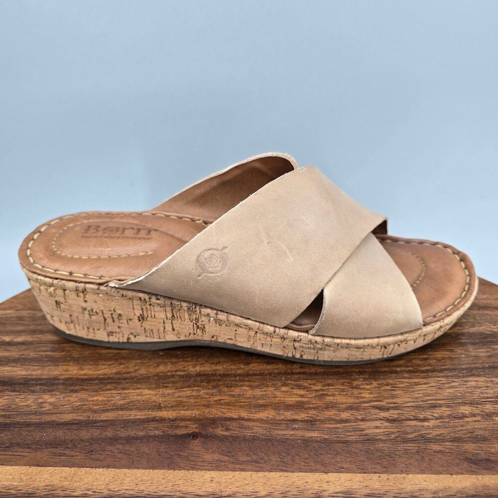 Born Lola Sandals Womens 7 M Natural Tan Leather Cross Strap Wedge Slides